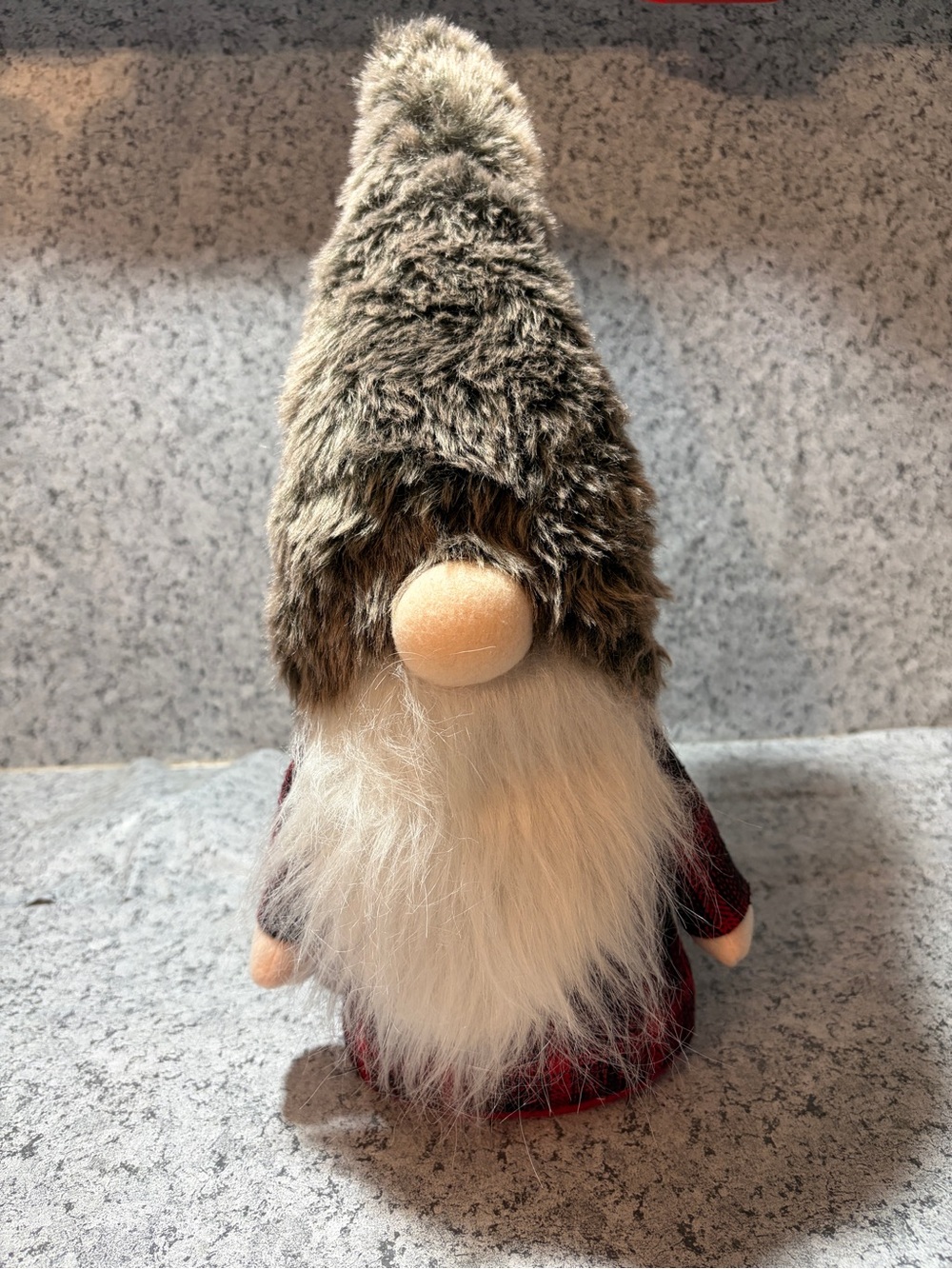 GANZ Plush Holiday Gnome Figurine. Fluffy grey faux fur hat with buffalo plaid